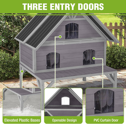 GUTINNEEN Large Outdoor Cat House 2-Story Insulated Cat House Indestructible Weatherproof Feral Cat Shelter with Openable Roof, Escape Doors for 1-6 Feral Barn Cats (Winter-Ready, 43.3"x34.3"x48.5")