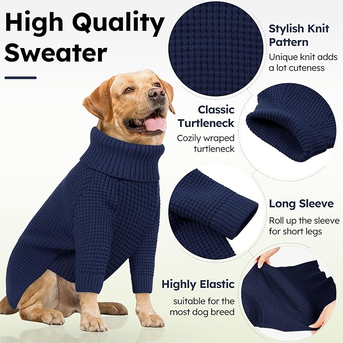 Queenmore Medium Dog Sweater, Dog Sweaters for Medium Dogs Girl, Waffle Knit Pet Sweater with Long Sleeve, Long Sleeve Dog Sweaters, Cat Christmas Sweatershirt, Navy Blue M