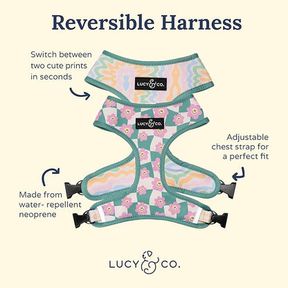 Lucy & Co. Cute Reversible Dog Harness Walking Halter - Best Designer Pet Harnesses for XS - XL Dogs - Padded Adjustable Vest for Easy Walking. (Just Chill Reversible Harness).