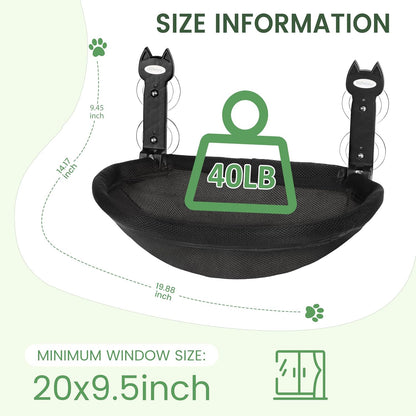 Cat Window Perch, Foldable Cat Hammock with Sunken Design, Breathable Cordless Window Bed with Stud Metal Frame for Large Cats and Kitten (Black Deep Perch, Medium)