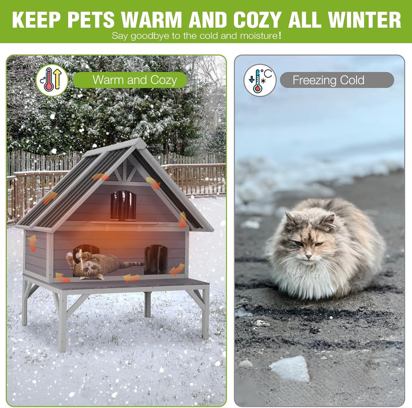 GUTINNEEN Large Outdoor Cat House 2-Story Insulated Cat House Indestructible Weatherproof Feral Cat Shelter with Openable Roof, Escape Doors for 1-6 Feral Barn Cats (Winter-Ready, 43.3"x34.3"x48.5")