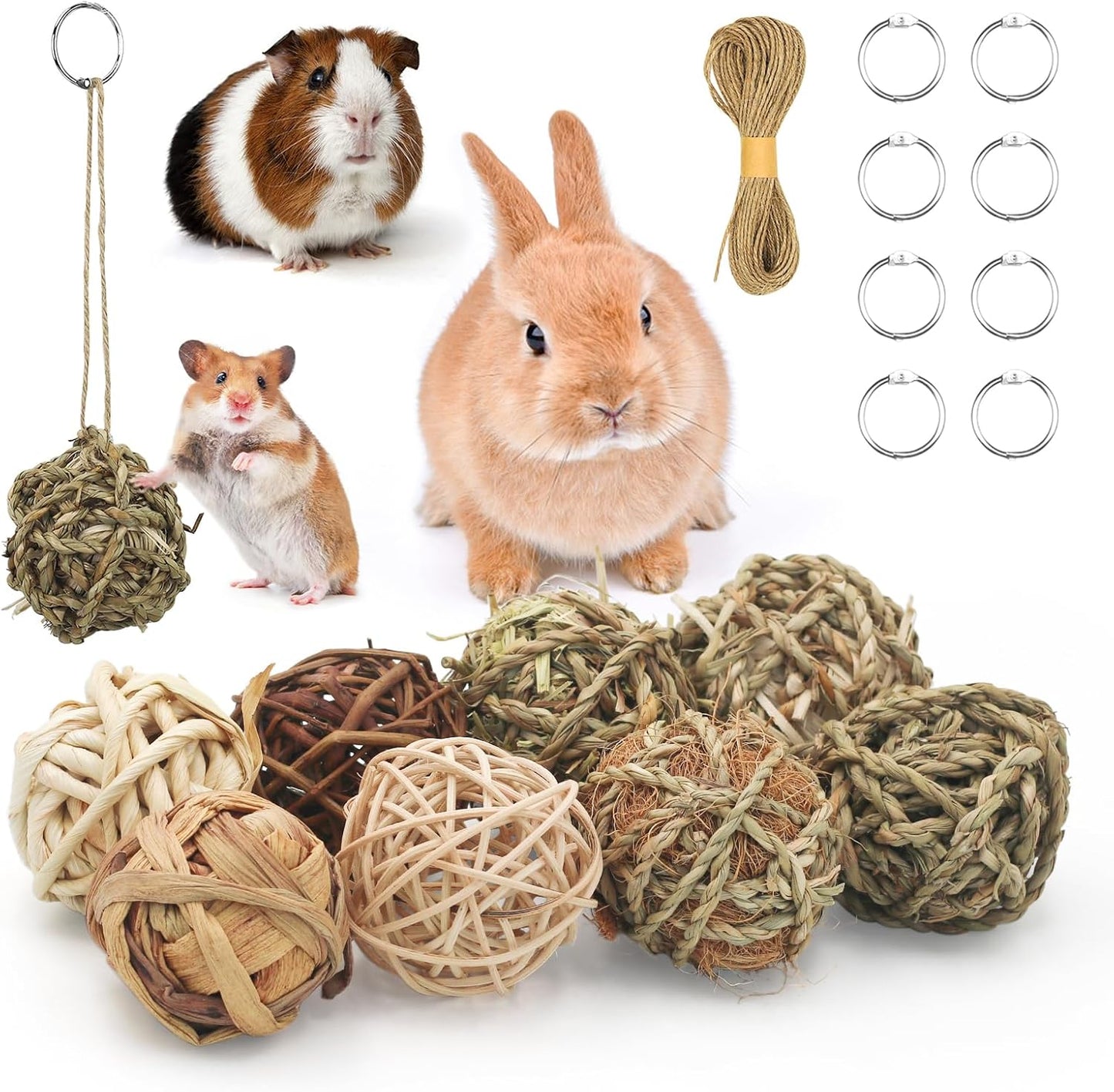 17 Pcs Bunny Chew Grass Balls, Hangable Natural Handmade Enrichment Toys for Teeth Grinding, Enrichment Treats for Rodents Rabbits Guinea Pigs Chinchillas Hamsters Mice, Rolling Chew Toys (2.4")