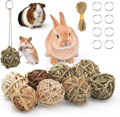 17 Pcs Bunny Chew Grass Balls, Hangable Natural Handmade Enrichment Toys for Teeth Grinding, Enrichment Treats for Rodents Rabbits Guinea Pigs Chinchillas Hamsters Mice, Rolling Chew Toys (2.4")