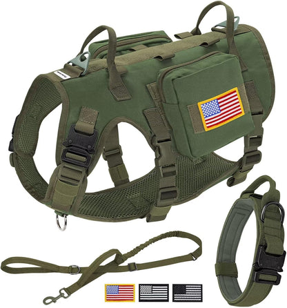 Forestpaw Tactical Dog Harness for Large Dogs,Tactical Dog Collar with Bungee Leash Set,No Pull Military Dog Harness for Walking Training,Adjustable for Medium Large Dogs,Green,Chest 21.5-45"