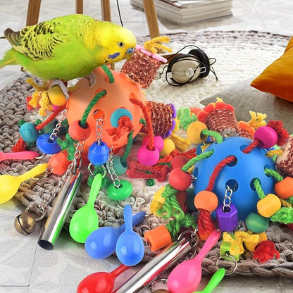 KATUMO Bird Toys, 2PCS Parakeet Foraging Shredder Hanging Toys with Sola Balls Sand Hammer, Parrot Ball Treats for Conure Mini Macaw Cockatiel Lovebird Small-Medium Birds