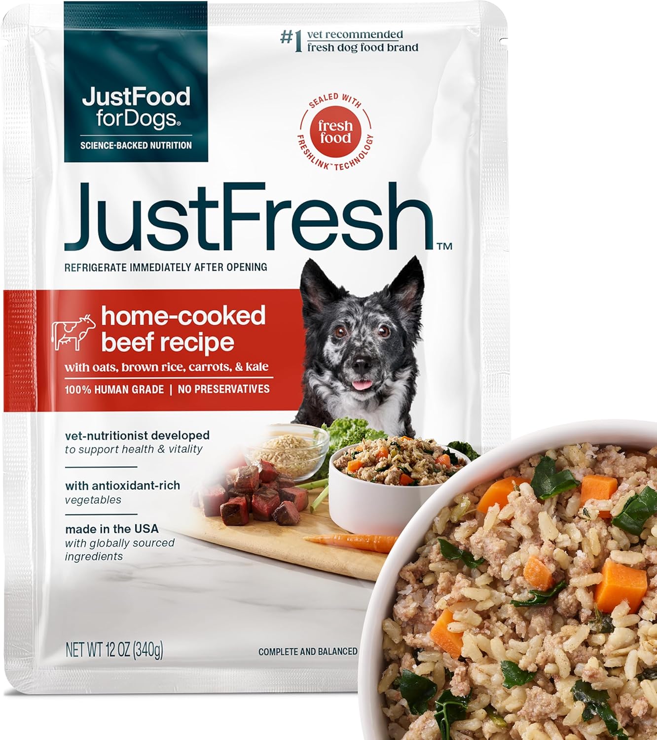 JustFoodForDogs JustFresh Wet Dog Food, Fresh Pet Meals and Toppers with No Preservatives, Resealable Package, Human Grade, Home-Cooked Beef, 12 oz - 7 Pack