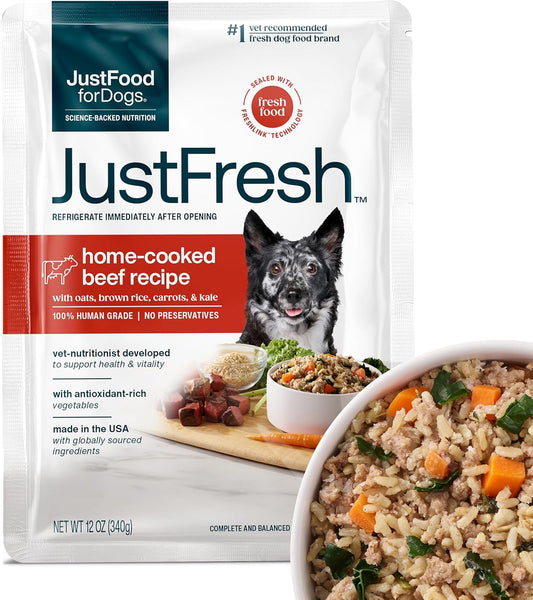 JustFoodForDogs JustFresh Wet Dog Food, Fresh Pet Meals and Toppers with No Preservatives, Resealable Package, Human Grade, Home-Cooked Beef, 12 oz - 7 Pack