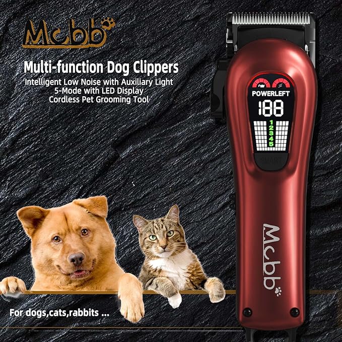 MCBB Dog Clippers- Low Noise Dog Grooming Kits 5-Mode Heavy-Duty Dog Clippers for Grooming with LED Display,Rechargeable Dog Grooming Kits, Auxiliary Light,Cordless Pet Grooming Tool