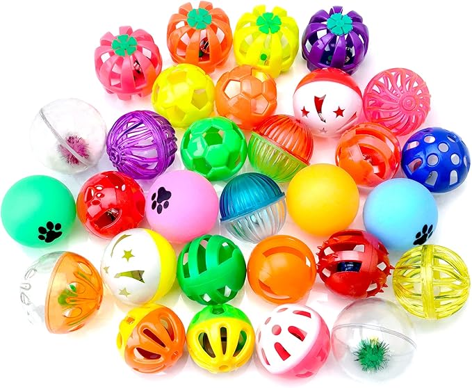 CHIWAVA 36 Pack Plastic Noisy Cat Toy Balls with Bell Kitten Chases Toy 8 Type Assorted Color Size