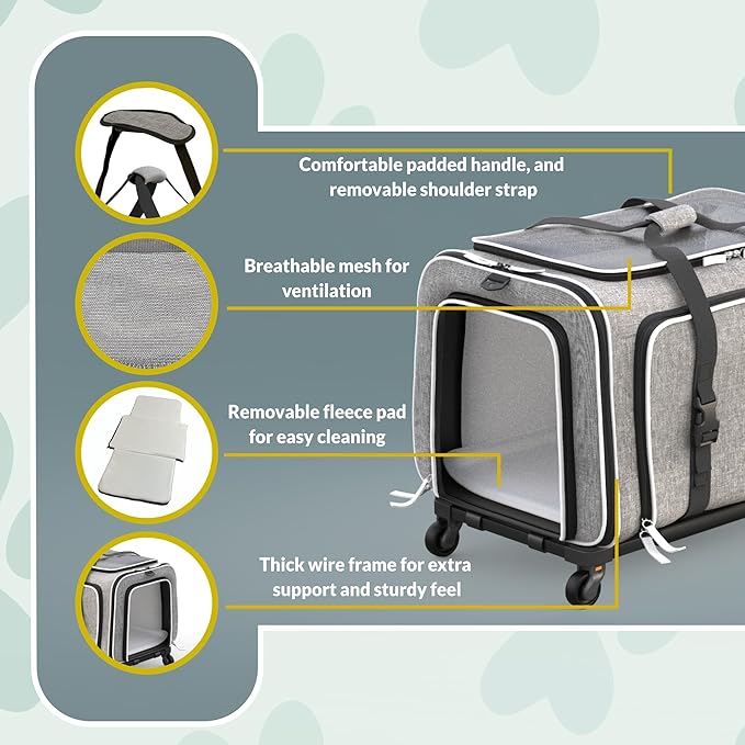 Katziela Rolling Rover Airline Compliant Expandable Premium Pet Carrier 6-Wheeled Baseboard Telescopic Handle Two-Sided Expandable Rolling Carrier Designed (Gray- White Piping)