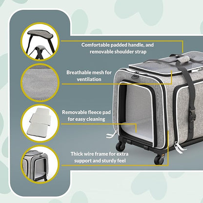 Katziela Rolling Rover Airline Compliant Expandable Premium Pet Carrier 6-Wheeled Baseboard Telescopic Handle Two-Sided Expandable Rolling Carrier Designed (Gray- White Piping)