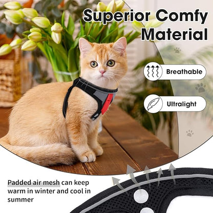 Cat Harness and Leash Set for Walking Escape Proof, Soft Adjustable Kitten Harness Breathable Mesh with Reflective Strips Harness for Kitty Puppy Bunny (Black, Small)