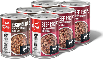 ORIJEN Real Meat Shreds Wet Dog Food Variety Pack: Regional Red + Beef Recipes 12.8oz Cans (6 Count, 3 of Each)
