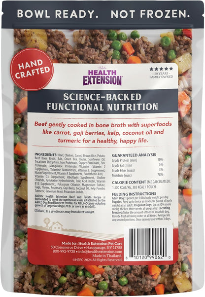 Health Extension Gently Cooked Beef & Potato Dog Food, Human-Grade and Shelf-Stable with Superfoods, Supports Digestion, Immunity, Skin & Coat, 3 oz Pouch (Pack of 20)
