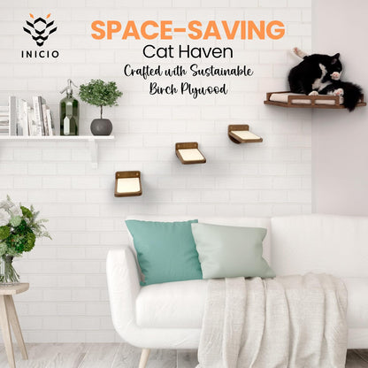 INICIO Cat Wall Shelves - Modern and Durable 3 Step Cat Furniture for Wall - Stylish Birch Floating Shelf for Cats up to 15lbs - Wooden Corner Shelves with Cushioned Perch - Brown