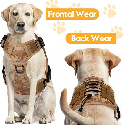 Heavy-Duty Tactical Dog Harness for Large Dogs, No Pull Adjustable Reflective Pet Vest with Molle System, K9 Military-Grade Control for Service Training, Outdoor & 10+ Breeds, Khaki Camo, Large