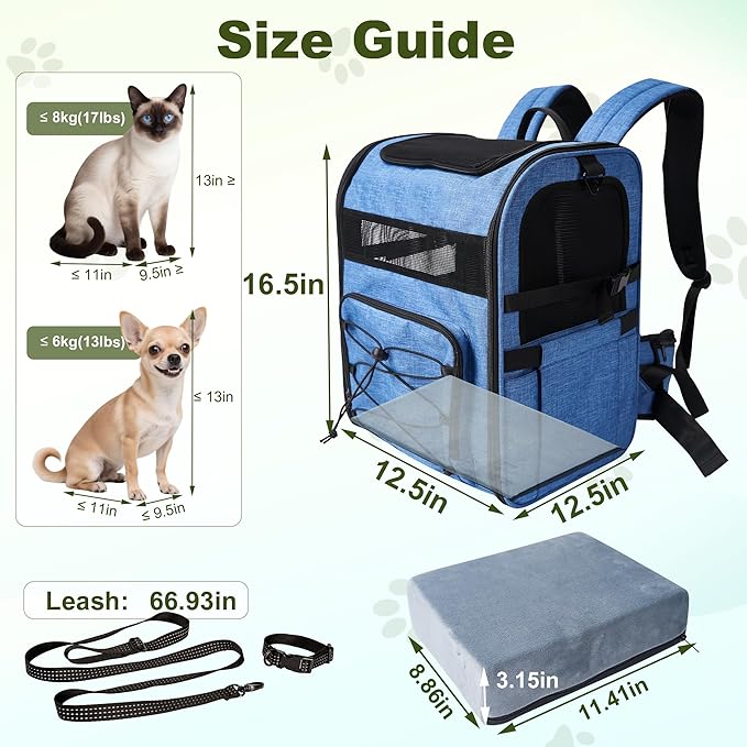 Dog Carrier Backpack for Small Dogs – Breathable and Comfortable Pet Travel Bag with, Safety Buckle and Adjustable Straps, Ideal for Hiking and Outdoor Adventures, Elevated Pad, Blue
