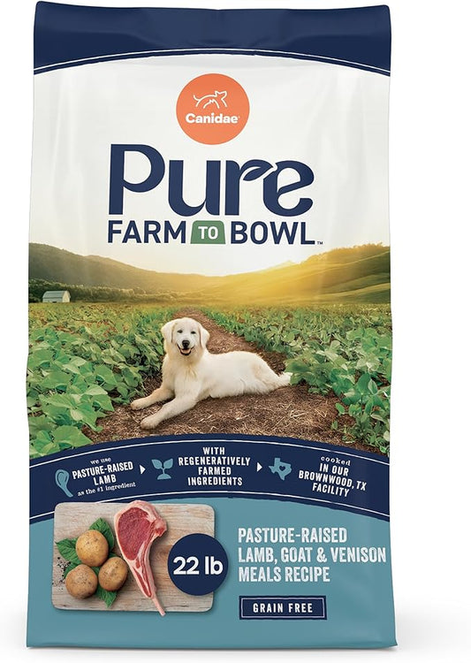 Canidae Pure Farm to Bowl Pasture-Raised Lamb with Goat & Venison Meals, Adult, Grain-Free Dry Dog Food, 22lb