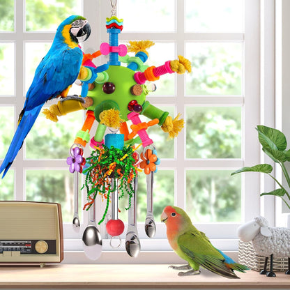 Parrot Toys Bird Toys Perch Pullable Stainless Steel Spoons Colorful Acrylic Stick Chew Toys for Amazons Mini Macaws African Greys Cockatoos Conures,Cockatiels,Lovebirds,Parrotlets and Other (green)