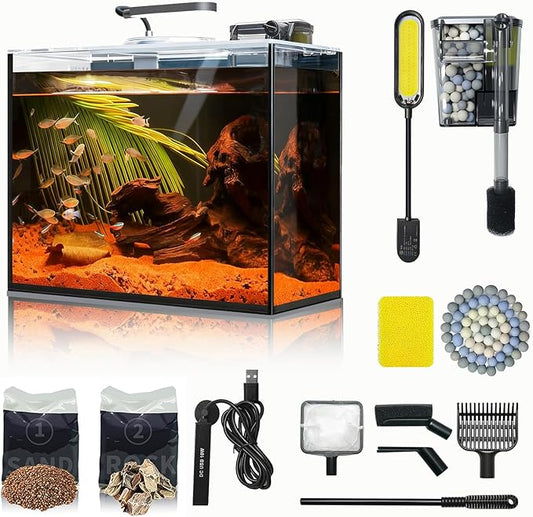3 Gallon Small Fish Tank Glass Aquarium Set, Starter Kit with Heater Self Cleaning System Filter Bright Light Rocks Gravel Cleaning Tool, Leak-Proof Clear Rimless Desktop Spaces Saving Betta Fish