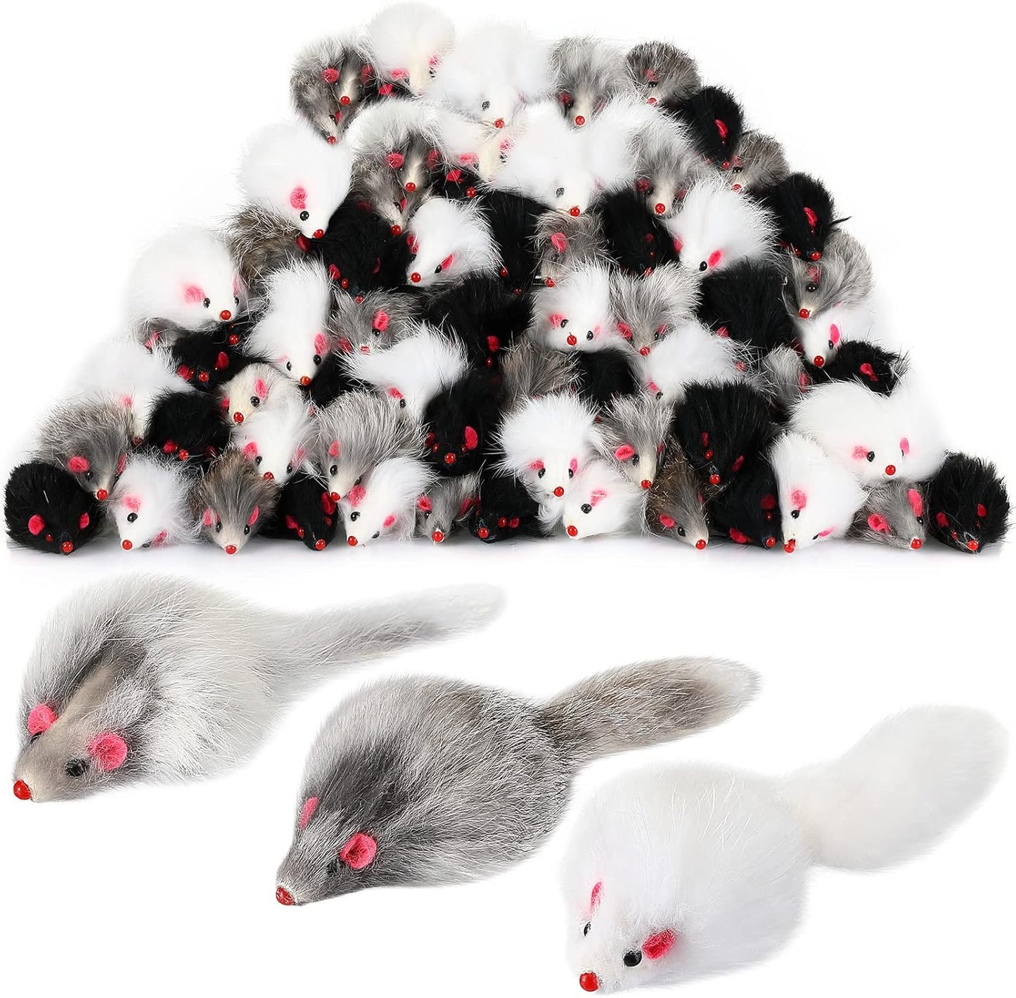 Hungdao 60 Pcs Furry Mice Interactive Catch Play Rabbit Fur Mouse Cat Toy Rattle Sound Rat Plush for PET Cats and Kittens, 3 Colors(White, Black, Gray)