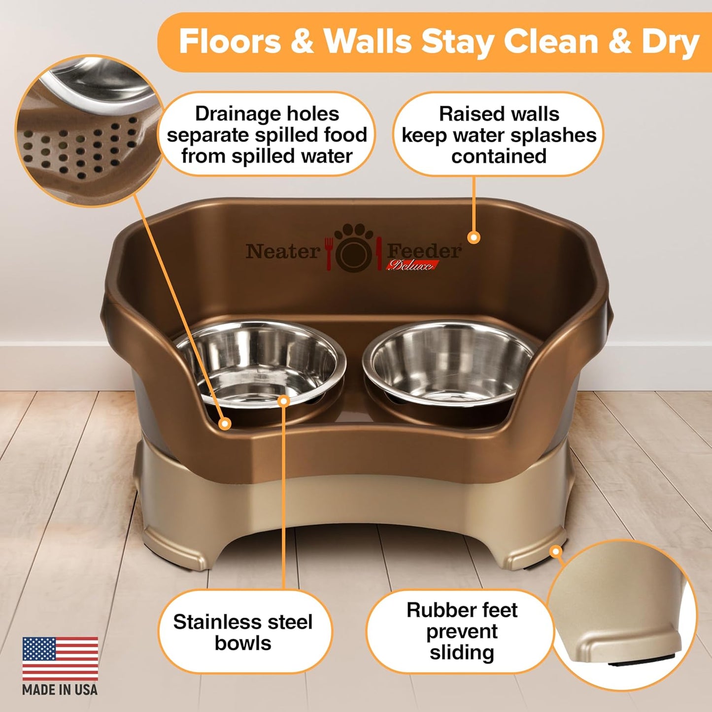 Neater Pet Brands Neater Feeder Deluxe Mess Proof Dog Bowls Elevated for Medium Dogs 19-40 lbs, Made in USA, No Spill Raised Dog Food Bowl Stand Feeding Station, Food and Water Bowl Set, Bronze