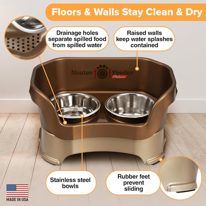 Neater Pet Brands Neater Feeder Deluxe Mess Proof Dog Bowls Elevated for Medium Dogs 19-40 lbs, Made in USA, No Spill Raised Dog Food Bowl Stand Feeding Station, Food and Water Bowl Set, Bronze