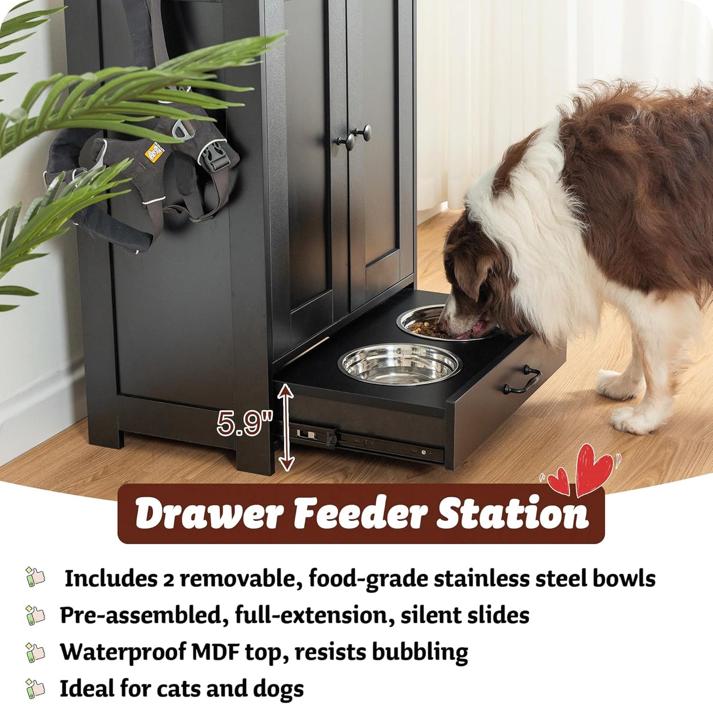 ALINE FURNITURE Dog Feeding Station with Storage Cabinet and 2 Elevated Dog Bowls, Hidden Pet Feeder Station Wood, Dog & Cat Storage Organizer, Black
