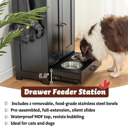 ALINE FURNITURE Dog Feeding Station with Storage Cabinet and 2 Elevated Dog Bowls, Hidden Pet Feeder Station Wood, Dog & Cat Storage Organizer, Black