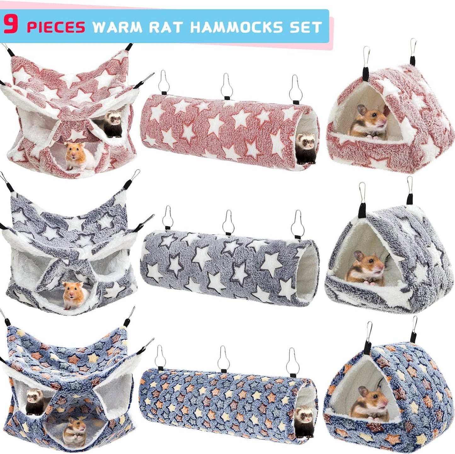 Abbylike 9 Pieces Rat Hammock 3 Tier Guinea Pig Ferret Hammocks Small Pet Hanging Tunnel Glider Toy Guinea Pig Ferret Hideout Bed Cage Accessories for Hamster(Navy,Grey,Pink,Star)