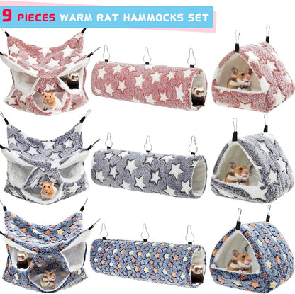 Abbylike 9 Pieces Rat Hammock 3 Tier Guinea Pig Ferret Hammocks Small Pet Hanging Tunnel Glider Toy Guinea Pig Ferret Hideout Bed Cage Accessories for Hamster(Navy,Grey,Pink,Star)