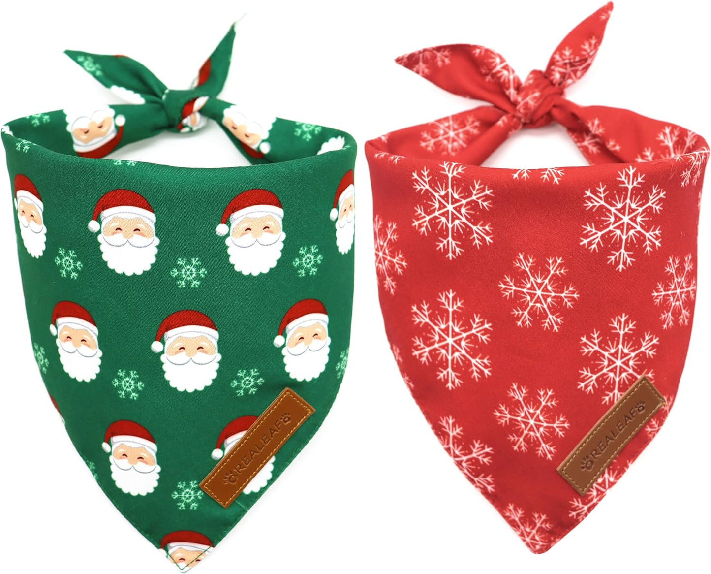 Realeaf Christmas Dog Bandanas 2 Pack, Snowflake and Santa Claus Dog Scarf for Boy and Girl, Premium Durable Fabric, Holiday Red and Green Bandana for Small and Medium Dogs Cats Pets (Small)