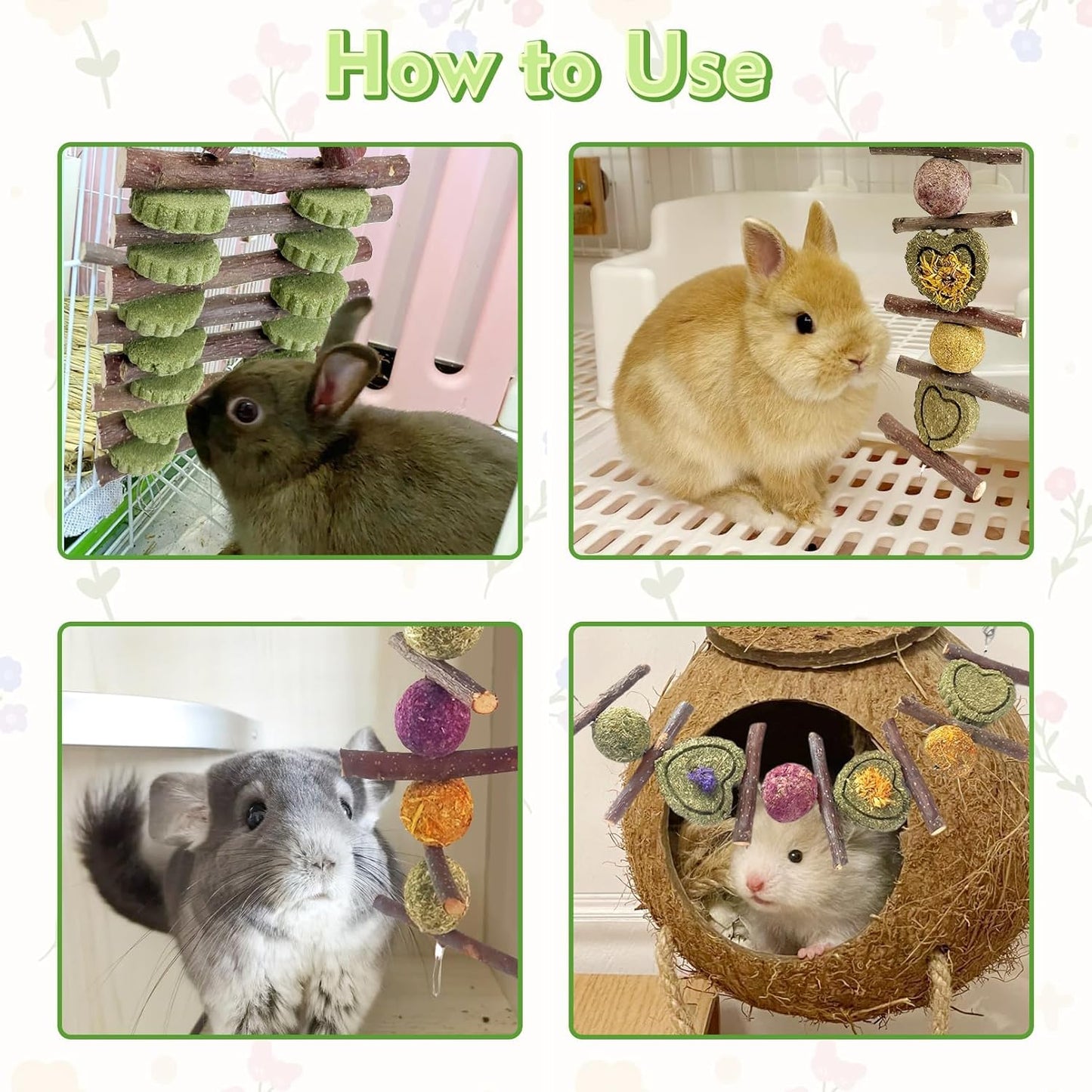 Hamiledyi Bunny Chew Toys Rabbit Hanging Toys for Teeth Grinding Rabbit Toys Natural Fruit Sticks Timothy Grass Cakes Chew Toys and Treats Improve Dental Health for Guinea Pig Hamster Chinchilla