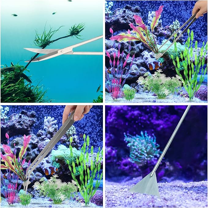 Aquarium Aquascape Tools Kit 15in, 4 in 1 Anti-Rust Aquatic Plant Aquascaping Tool Stainless Steel Tweezers Scissor Spatula for Aquarium Tank Clean Fish Tank Aquascape Accessories Set(Silver)