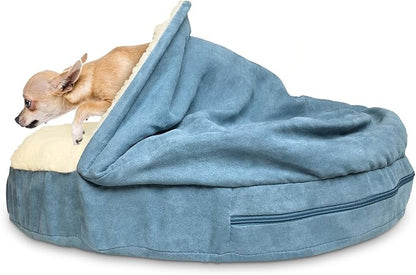 Furhaven 26" Round Orthopedic Dog Bed for Medium/Small Dogs w/ Removable Washable Cover, For Dogs Up to 30 lbs - Sherpa & Suede Snuggery - Blue, 26-inch