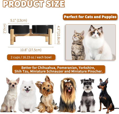 Elevated Ceramic Dog Bowl Set - Raised Feeding Bowls with Non-Slip Bamboo Stand - Small Pet Dishes for Food and Water - Ideal for Cats and Puppies - 16.23 OZ - 2 Cups - 480 ML