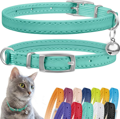 CollarDirect Leather Cat Collar, Cat Safety Collar with Elastic Strap, Kitten Collar for Cat with Bell Black Blue Red Orange Lime Green (Neck Fit 6"-7", Mint Green)