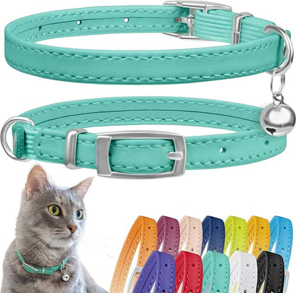 CollarDirect Leather Cat Collar with Bell - Kitten Collar, Small and Big Cat Collar for Boy Cats, Girl Cats with Safety Elastic Strap (Neck Fit 6"-7", Mint Green)