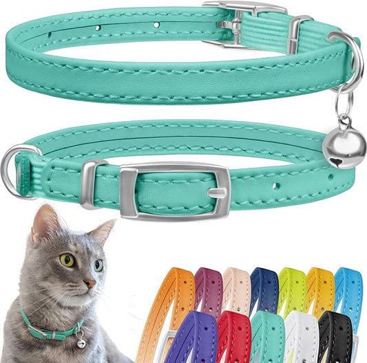 CollarDirect Leather Cat Collar with Bell - Kitten Collar, Small and Big Cat Collar for Boy Cats, Girl Cats with Safety Elastic Strap (Neck Fit 6"-7", Mint Green)