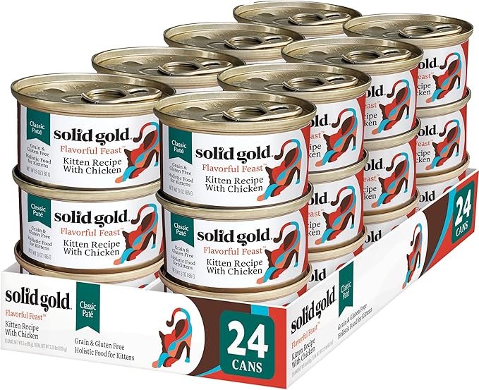 Solid Gold Wet Cat Food Pate for Kittens - Healthy Canned Cat Food Pate w/Real Chicken, Superfoods, Omega Fatty Acids, & Vitamins - Grain Free & Gluten Free Can Meals for Kittens - 24ct/3oz Can