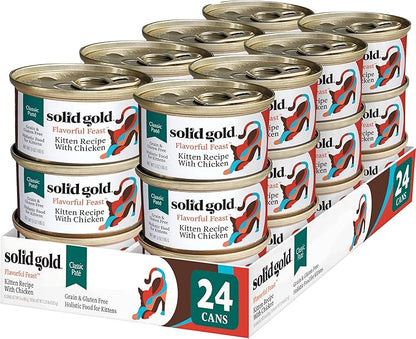 Solid Gold Wet Cat Food Pate for Kittens - Healthy Canned Cat Food Pate w/Real Chicken, Superfoods, Omega Fatty Acids, & Vitamins - Grain Free & Gluten Free Can Meals for Kittens - 24ct/3oz Can