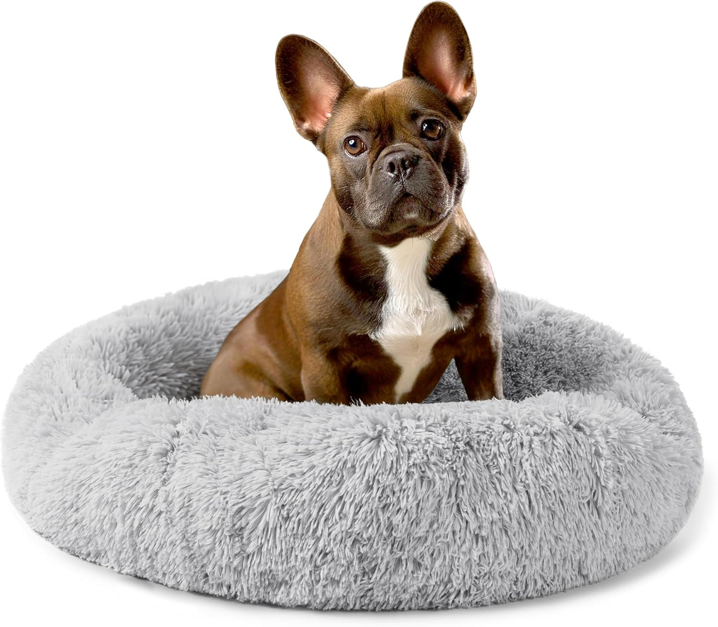 PetAmi Calming Dog Bed for Small Medium Dog Cat, Round Donut Dog Bed Washable, Fluffy Faux Fur Plush Cuddler Pet Kitten Cushion Bed, Anti-Slip, Fits up to 25 lbs, 23 inch, Light Gray