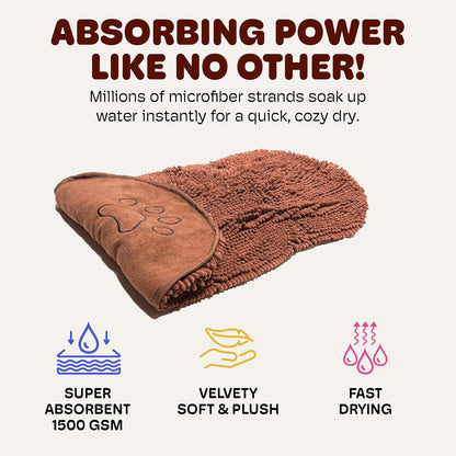 Dog Gone Smart The Dirty Dog Shammy - Fast Drying Plush Shammy Towel with Dual Hand Pockets and Elastic - Super Absorbent Microfiber and Machine Washable - Brown
