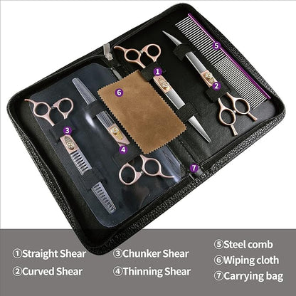 Fenice Peak 7‘’ Professional Dog Grooming Scissors Set Rose Gold 440C Stainless Steel Straight Thinning Curved Chunker Shears 4pcs Set for Pet Grooming Services Dogs and Cats