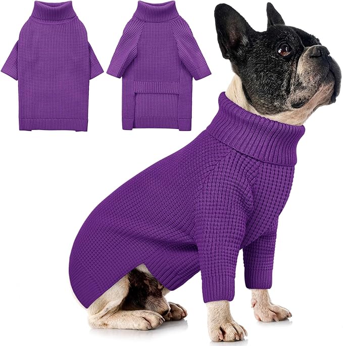 Queenmore Dog Sweaters for Small Dogs Male, Turtleneck Fall Pet Sweaters, Waffle KnitSweater for Doggie, Cat Sweater Puppy Coat, Purple XS