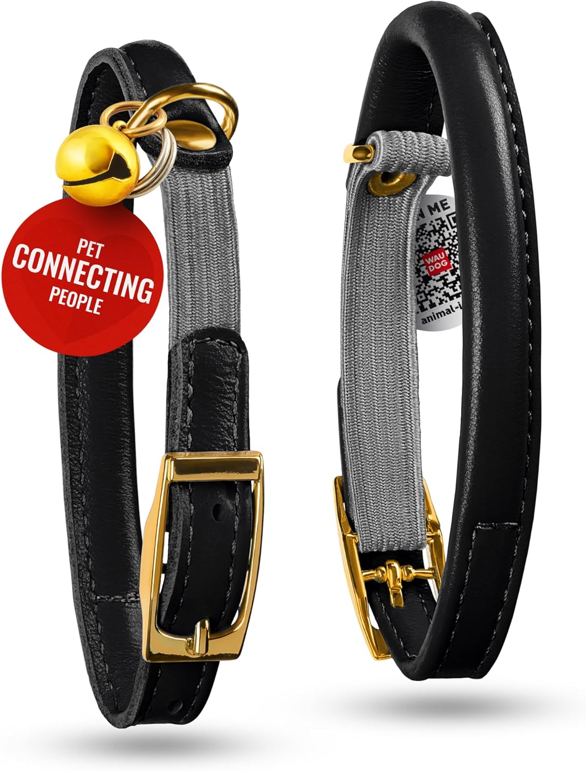 WAUDOG Ultra Soft Rolled Leather Cat Collar with Removable Bell, Safety Elastic Strap and QR ID Tag - Soft Padded for Small, Medium, and Large Cats - Round Kitten Collar for Male and Female Cats