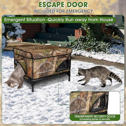 Heated Cat House for Outside Cat in Winter, Insulated Outdoor Feral Cat Shelter with Cat Heating Pad, 2 Doors,Elevated Waterproof Heated Kitty House (Camouflage, 21.5"x16.5"x18")