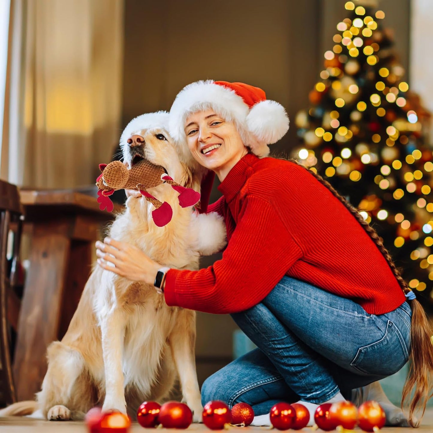 Christmas Squeaky Dog Toys, Stuffed Large Dog Toys to Keep Them Busy, Interactive Plush Chew Toys with Crinkle Paper, Tough Pet Animal Toys for Small Medium Large Dogs (Red Elk)