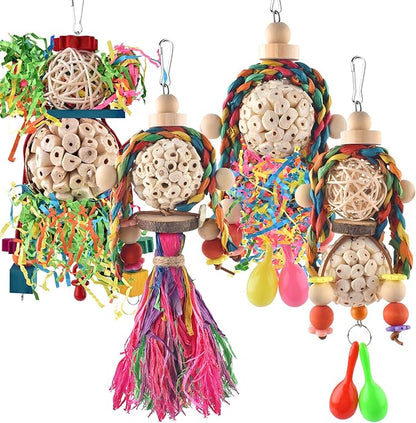 Bissap Conure Toys, 4 PCS Bird Parrot Foraging Shredder Hanging Toys Sola Balls with Sand Hammer for Small Parrots Parakeets Conures Cockatiels Love Birds Cage Toy