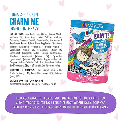 Weruva B.F.F. OMG - Best Feline Friend Oh My Gravy! Tuna & Chicken Charm Me with Tuna & Chicken in Gravy Cat Food, 3oz Pouch (Pack of 12)